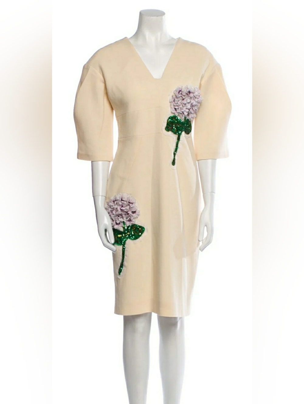 Dolce & Gabbana Cream Wool Midi Dress with Floral Appliqués And Beading